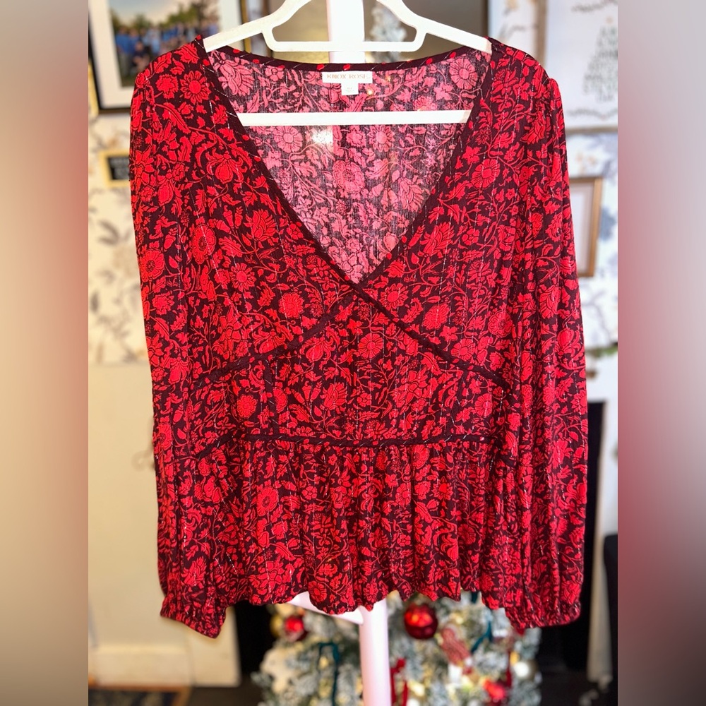 Floral Red and Red Wine Women's Top